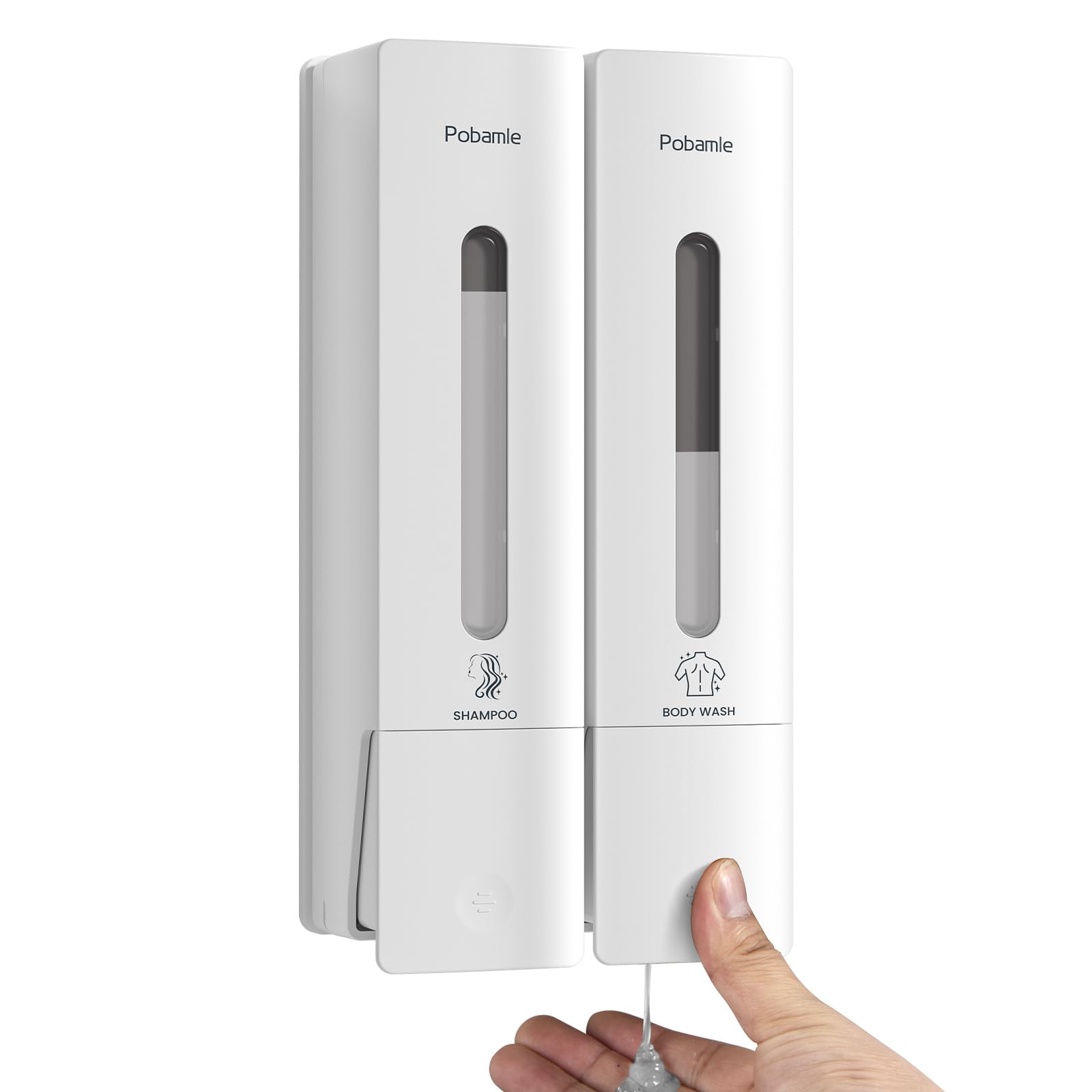 Pobamle shower soap dispenser wall mounted no drill shampoo and conditioner dispenser 2 chamber white
