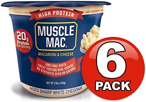 6 Pack, Aged Sharp White Cheddar, Muscle Mac High Protein Macaroni & Cheese Microwavable Cup, 21.6 oz.