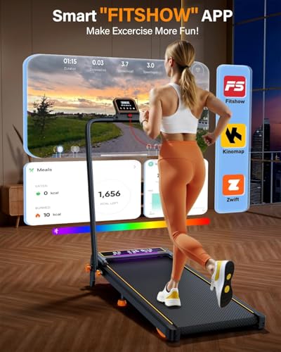 Treadmill Walking Pad with 12% Incline/Handle Bar/2 LED Display, 3.5HP Portable Treadmills for Home Small, Foldable Walking Pad Treadmill 350+lb Capacity, Smart App, 4 Adjustable Incline, RGB Light