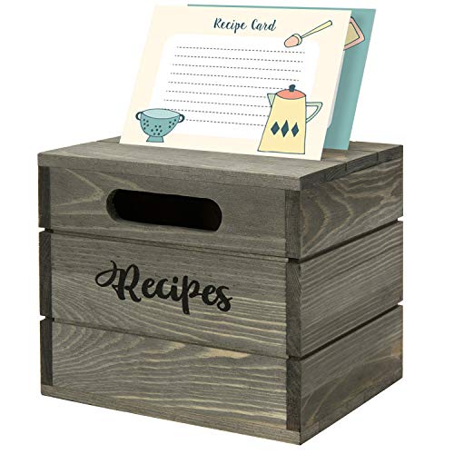 MyGift Vintage Gray Solid Wood Recipe Card Holder Box with Burnt Wooden