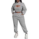 Aceilika Women 3 Piece Sweatsuit Set Sexy Long Sleeve Pullover Cropped Hoodie Tank Top and Jogger Sweatpants Tracksuit