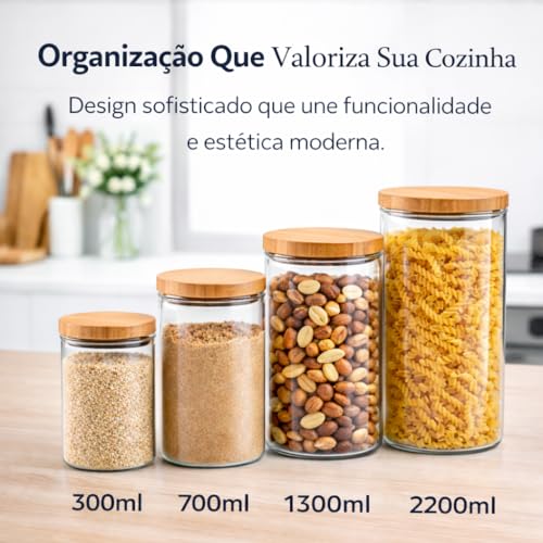 Potes Hermeticos de Vidro Kit 4 Peças Porta Mantimentos Tampa de Bambu Organizadores de Cozinha 300ml 700ml 1300ml 2200ml Armazenamento de Grãos Café Massas Açúcar Bancada Elegante