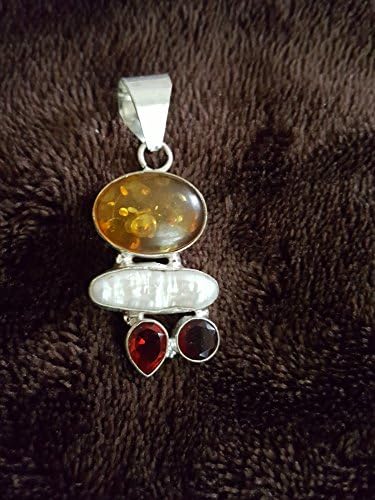 Amber Garnet Biwa Pearl Sterling Silver 925 Pendant Free Cord Necklace 18"