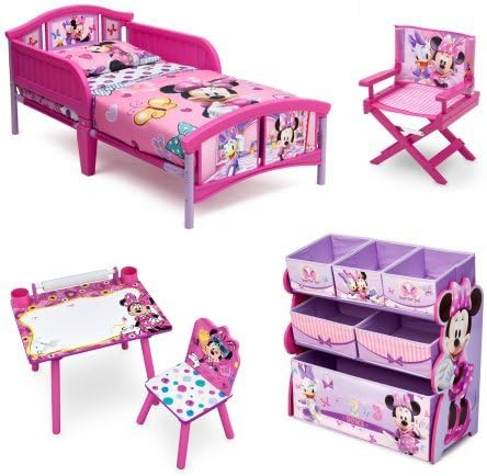 NEW! 5 Set Room-in-a-Box Toddler Bed with Safety Rails Multi-Bin Toy Organizer with Six Fabric Toy Box Table and Chair Art Desk Set, Plus Director's Chair (Disney Minnie Mouse)