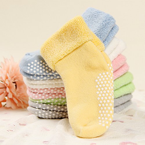 VWU Baby Socks with Grips Thick Cotton Socks for Toddler Infant Baby Girl Baby Boy 0-3 Years Old 5 Color (1-3 years, Grey(6-pack))