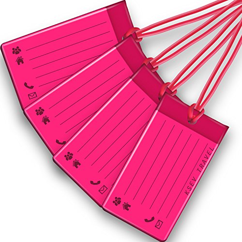 Luggage Tags 4 PACK, KSEV Travel Tags, ID Labels, Name Card Holder for Baggage Bags Suitcases Backpacks (Pink)