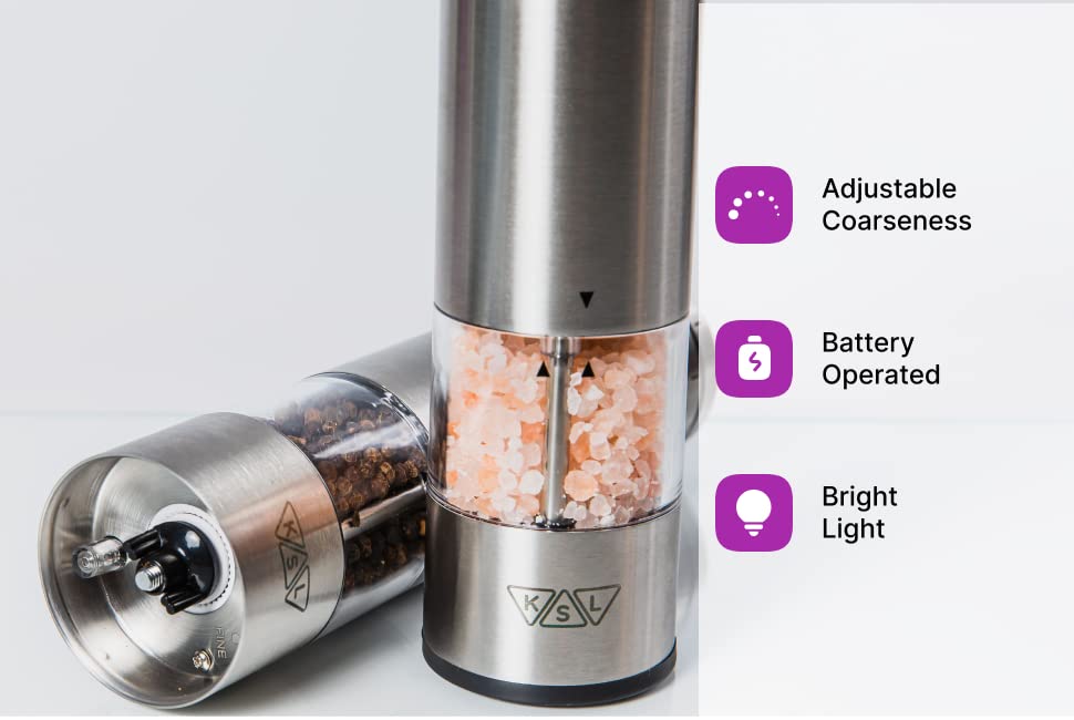 KSL Electric Salt and Pepper Grinder Set Adjustable Motorized Electrical Powered Auto Shakers