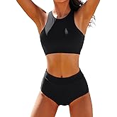 High Waisted Bikinis for Women High Neck Sporty Racerback Crop Top Swimsuit High Cut Two Piece Bathing Suit XS-XXL