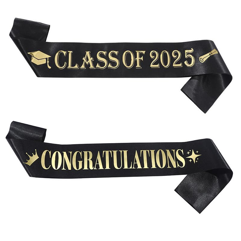 Dusenly 2pcs Class of 2025 Graduation Sashes Black Gold Congratulations Sash for 2025 Grad Party Decoration Kit Accessories
