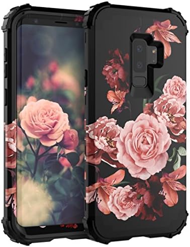 TIANLI Samsung Galaxy S9 Plus Case for Girls/Women Cute Flowers Three Layer Hybrid Shockproof Heavy Duty Protective Case,Floral Black