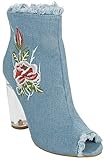 JJF Shoes Women Robin Blue Denim Zipper Frayed Frizzy Floral Embroidered Block Clear Perspex Heel Ankle Bootie-6.5