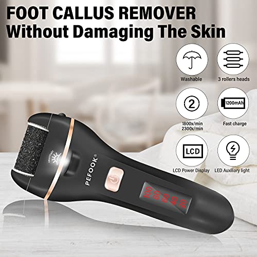Electric Foot Callus Remover Kit，Rechargeable Pedicure Tools Foot Care Feet File With 3 Roller Heads，Remove Cracked Heels Calluses and Dead Skin，2 Speed,Battery Display (Black)