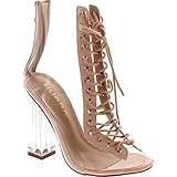 Clear Translucent Transparent Lace Up Peep Toe Ankle bootie w Perspex Block Heel