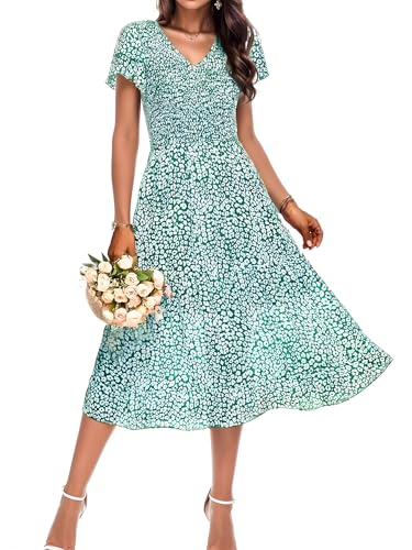 Am Direct Women Elegant Floral Casual Summer Midi Dress V Neck Ruffle Sleeve High Waist Layered Hem Bohe Wedding Guest Dress