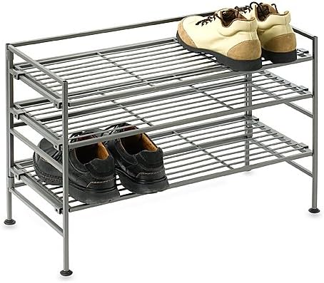 Stylish and Sturdy,3-tier Iron Stackable Shoe Shelf in Satin Pewter Finish,holds up to 12 Pairs of Shoes,and Each Shelf Holds up to 28 Lb. It Will Transform Any Space or Entryway Into a Chic and Tidy.