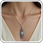 Yheakne Bohemian Turquoise Feather Pendant Necklace Silver Feather Choker Necklace Oval Blue Turquoise Necklaces Long Leaf Necklaces Chain Jewelry for Women