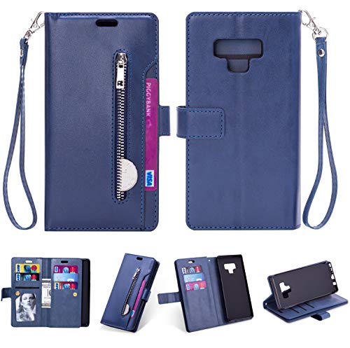 Samsung Note 9 Case,Galaxy Note 9 Wallet Case,FLYEE 10 Card Slots Premium Flip Wallet Leather Magnetic Case Purse with Zipper Coin Credit Card Holder Cover for Samsung Galaxy Note 9 Blue