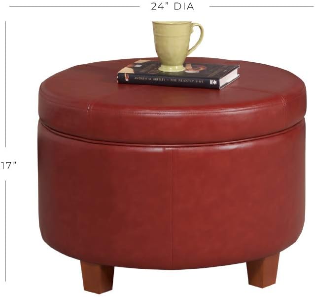 HomePop Round Leatherette Storage Ottoman with Lid, Cinnamon Red: Furniture & Decor