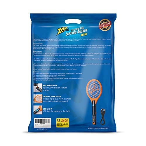 ZAP IT! Mini Bug Zapper - Rechargeable Mosquito, Fly Killer and Bug Zapper Racket - 4,000 Volt - USB Charging, Super-Bright LED Light to Zap in The Dark - Safe to Touch (Orange)