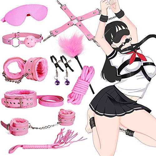 10 Piece Leather Bondage Restraints Set Kit for Bed and Under Bed Sex Play SM Bondage Toy Gear Wrist Cuffs Gags Collar Spanking Nipple Rope Strap On Harness for Women Couples Lesbian Female,Pink