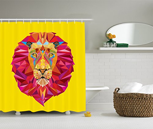 Colorful Zoo Decor Collection, African Animals Geometric Diamond Face and Lions Mane Design, Polyester Fabric Bathroom Shower Curtain Set with Hooks, Magenta Orange