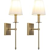 PERMO Set of 2 Classic Rustic Industrial Wall Sconce Lighting Fixture with Flared White Textile Lamp Shade and Antique Brass 