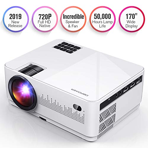 DBPOWER L21 Video Projector, 150 ANSI 720P Native Mini Projector Built-in Speakers with 170″ Display-50,000 Hours Home Movie Projector, Supporting 1080p HDMI/USB/SD/AV/VGA/TV/Laptop/Game/Smart Phone