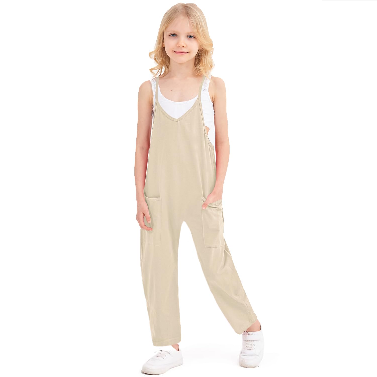 Photo 1 of UK loees Jumpsuits for Girls Kids Casual Sleeveless Jumpsuits Spaghetti Strap Romper Long Pants with Pockets Khaki