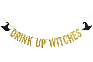LEESKY Gold Drink Up Witches Banner Halloween Witch Banner Witches Halloween Banner for Witch Party Decorations Halloween Haunted Mansion Party Decorations Drink Up Witches Sign