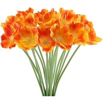 HO2NLE 20pcs Realistic PU Artificial Poppies Flowers Fake Wedding Bouquet Arrangements for Home Kitchen Living Room Dining Table Centerpieces Decorations Orange