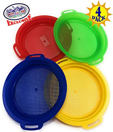 Matty's Toy Stop Sand Sifter Sieves for Sand & Beach (Red, Blue, Yellow & Green) Complete Gift Set Bundle - 4 Pack (8.75'' x 9.75