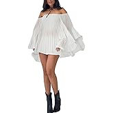 Annystore Women 2 Piece Outfits Pleated Shorts Sets Off Shoulder Bell Sleeve Oversized Shirts Biker Short Pants Streetwear