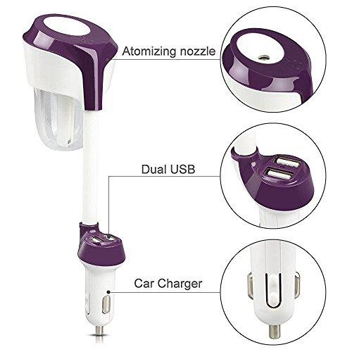 Car Humidifier Mini Air Purifier Aroma Diffuser Air Freshener Purifier Aromatherapy Mist Maker with 180 Degree Rotation Suit for Water Soluble Essential Oils Protable Diffuser with 2 USB Ports--purple
