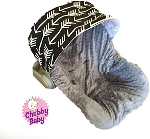 Baby Car Seat Cover, Canopy in Black with white Arrows. Seat in grey silver minky, FREE strap covers included