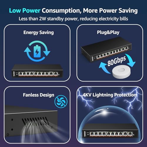 10 Port Unmanaged 10G Ethernet Switch, 8 x 2.5G Base-T Ports, 2 x 10Gb RJ45 Ports, Compatible with 100/1000/2500Mbps, Metal Enclosure, YuanLey Network Switch 2.5G/10G for NAS