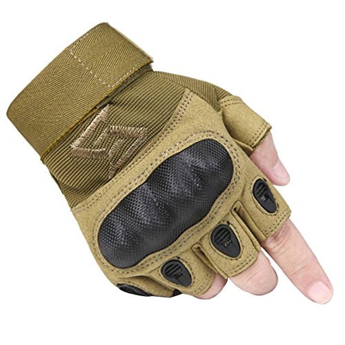 FREE SOLDIER Outdoor Men Military Hard Knuckle Half Finger Glove Tactical Armor Gloves (Sand color Small)