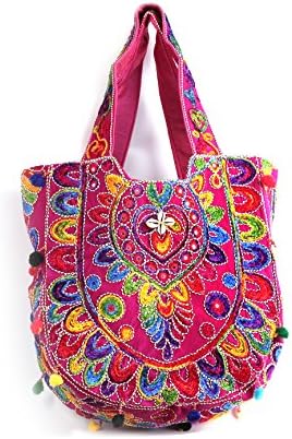14"x 15" Top handle Handmade Embroidered Hippie Tote Hand Bags For Women(Pink)