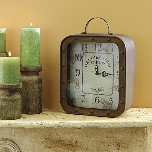 Stonebriar Large Square Rustic Metal Table Top Clock with Handle and