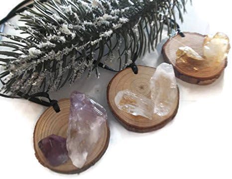 Crystal Point Wood Ornaments, Set of 3, Citrine Amethyst Clear Quartz Stones