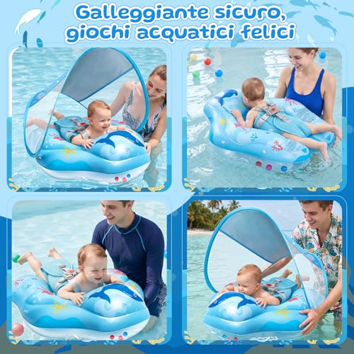 IEEILULU Salvagente Neonato, Ciambella Neonato Mare con Parasole Olare Rimovibile UPF50+, Salvagente Bambino con Adesivo di Riparazione per Piscina, Spiaggia, Vacanze da 6 a 36 Mesi