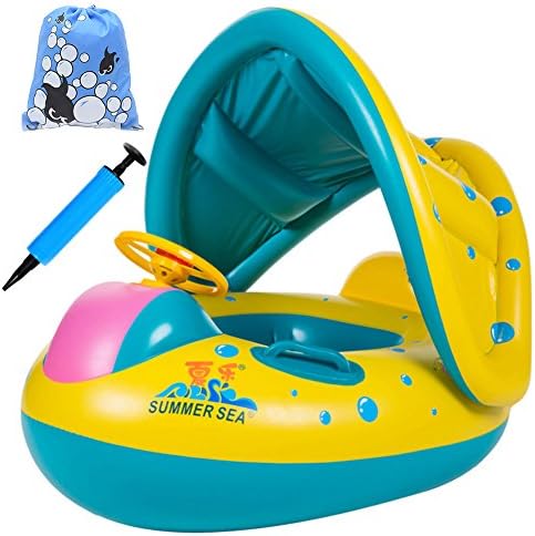 ACHIEWELL Baby Pool Float Inflatable Swimming Ring Adjustable Sunshade Canopy Safety Seat with Carry Bag (Baby Pool Float)