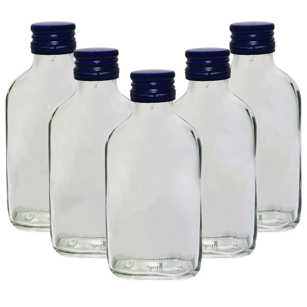 DIAH DO IT AT HOME 10x 100ml Clear Glass Pocket Flask Bottles + Blue Airtight Screw Caps - Small Leakproof Liquor Bottles for DIY Filling, Spirits, Party Favors & Homemade Liquids