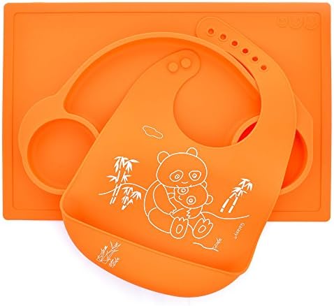 Set Silicone Car Placemat and Matching Mommy and Baby Panda Bib Kids Babies Toddlers Meal Plate (Orange)