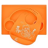 Set Silicone Car Placemat and Matching Mommy and Baby Panda Bib Kids Babies Toddlers Meal Plate (Orange)