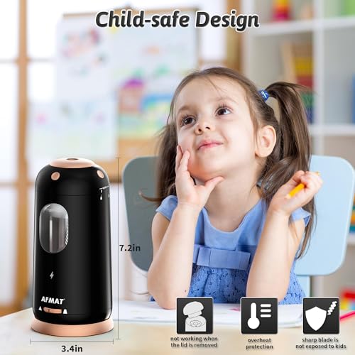 AFMAT PSC8 Electric Pencil Sharpener, Auto in & Out, Fully Automatic Pencil Sharpener, Rechargeable Hands-Free Sharpeners for Jumbo & Colored Pencils (7-11.5mm), Good for Classroom/Home/Office, Black