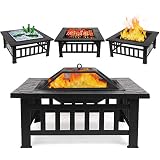 FIXKIT Fire Pit Table Outdoor with BBQ Grill Shelf, Multifunctional Garden Terrace Fire Bowl Heater/BBQ/Ice Pit, 32" Diameter Square Fireplace with Waterproof Cover