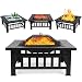 FIXKIT Fire Pit Table Outdoor with BBQ Grill Shelf, Multifunctional Garden Terrace Fire Bowl Heater/BBQ/Ice Pit, 32" Diameter Square Fireplace with Waterproof Cover