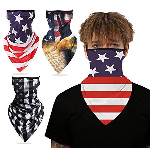 3 Pack Elastic Face Mask Bandana Ear Loops, Face Cover Neck Gaiter Scarf, Unisex Balaclava Face Mask(US Flag)