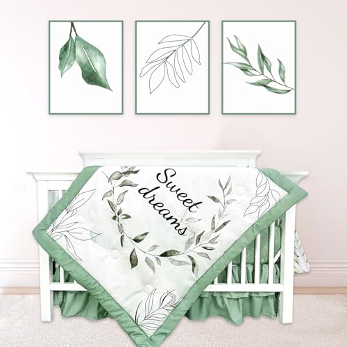 HNHUAMING Green Leaf Crib Bedding Set, 4-Piece Baby Boy Bedding Set, Neutral Nursery Bedding Set, Fitted Crib Sheet, Crib Skirt, Baby Quilt, and Diaper Stacker, Sage