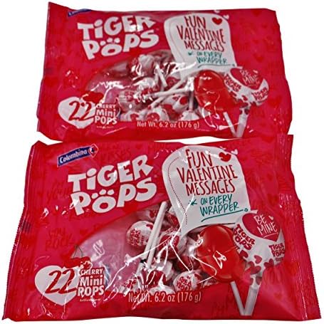 Tiger Pops Cherry Mini Pops 2 Pack with Fun Valentine Messages on Every Wrapper 22-Count Bags (Pack of 2)